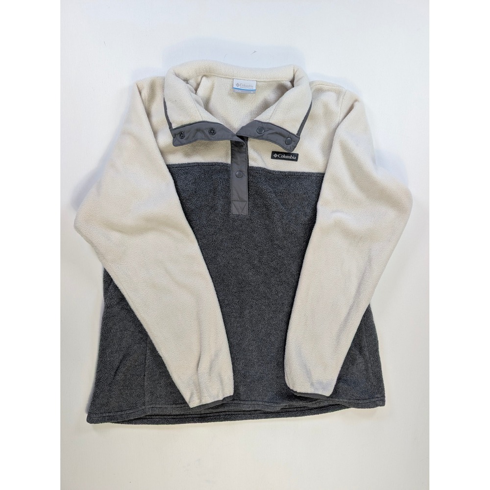 Columbia Womens XL Fleece Pullover Snap Neck Colorblock Cream Grey Sweater